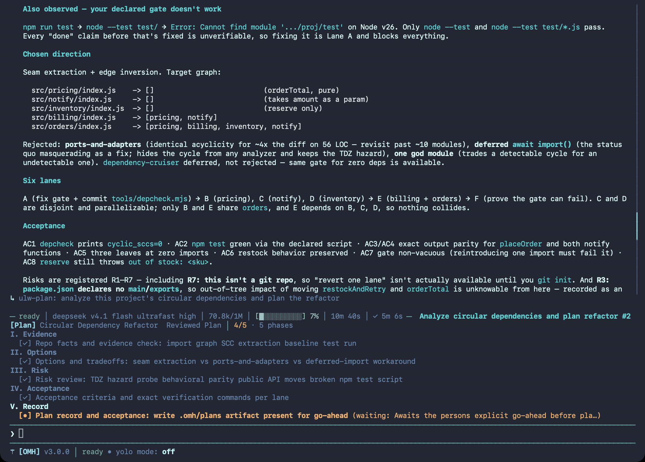 Hermes TUI answering a ulw-plan prompt on a small JavaScript project: the target dependency graph with no cycles, rejected options, six lanes in dependency order, acceptance criteria, the plan checklist, and the [OMH] HUD line at the bottom